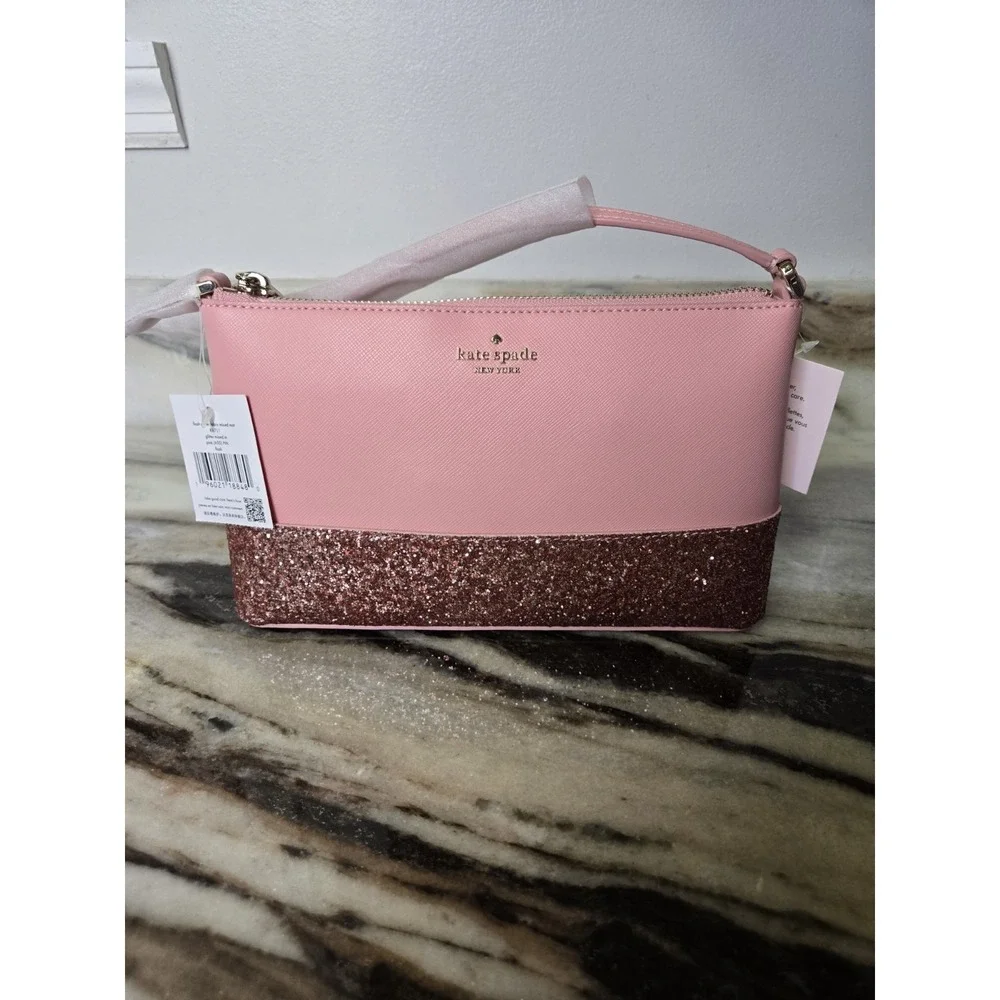 NWT Kate Spade New York Greta Court Ramey Flash Glitter Pink Leather Crossbody S